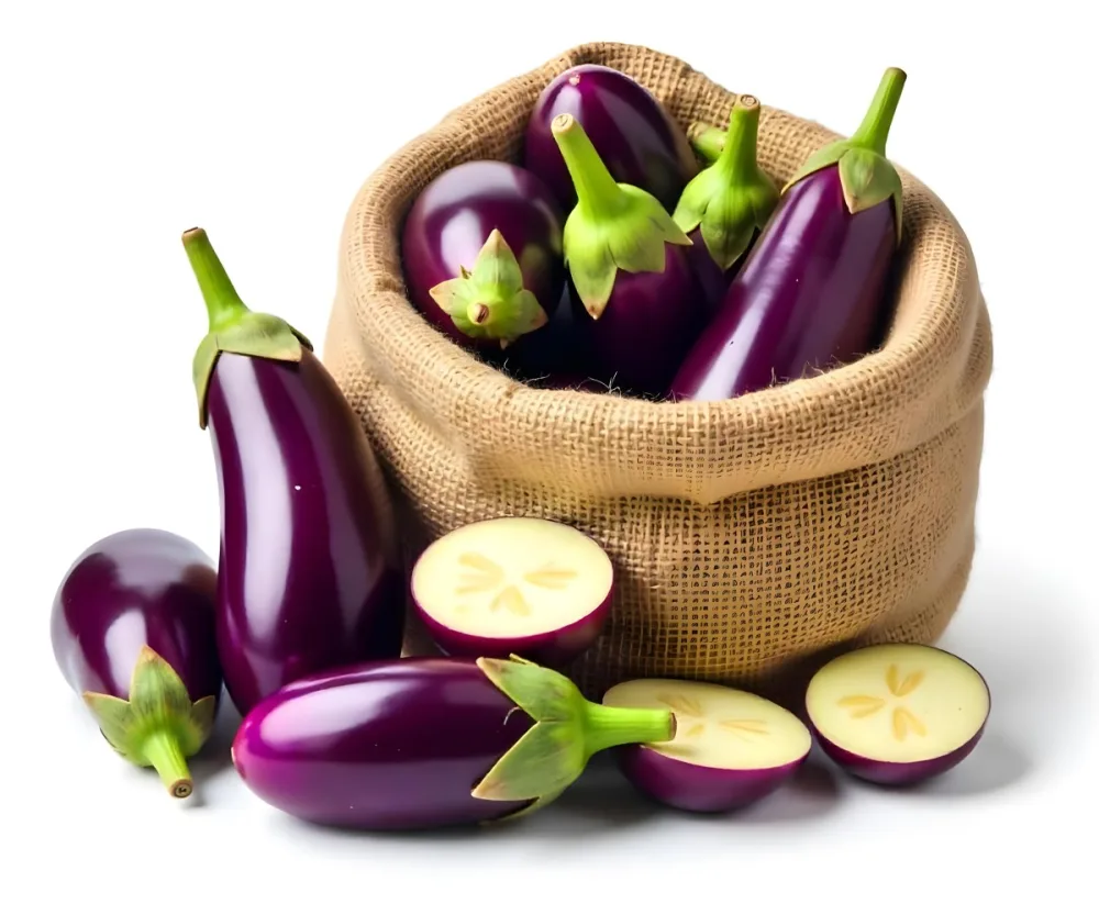 A Burlap Sack Filled With Fresh Purple Eggplants And Green Stems 2 F740