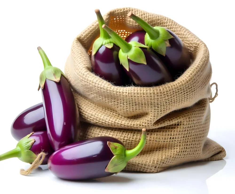 A Burlap Sack Filled With Fresh Purple Eggplants And Green Stems 4 8fad