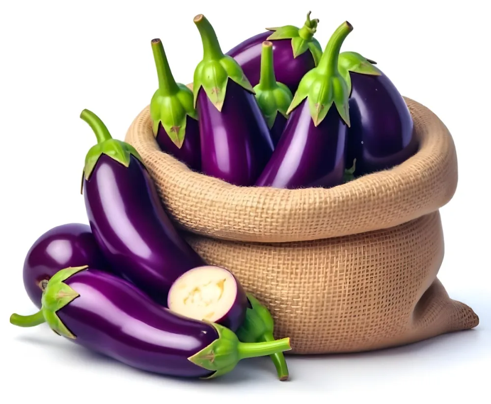 A Burlap Sack Filled With Fresh Purple Eggplants And Green Stems 5 F652