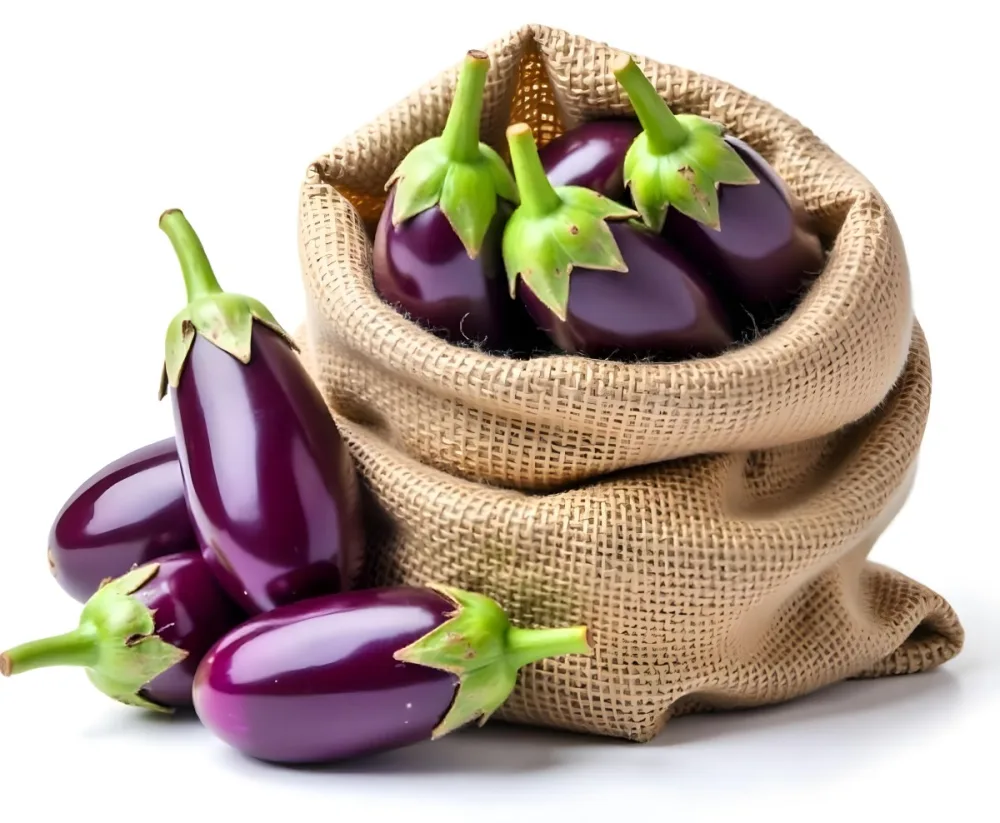 A Burlap Sack Filled With Fresh Purple Eggplants And Green Stems 7 D34c