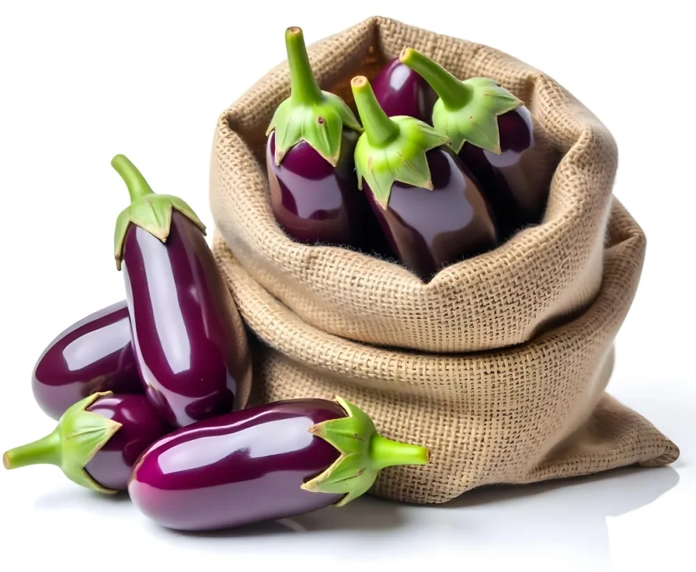 A Burlap Sack Filled With Fresh Purple Eggplants And Green Stems 8 Dc2a