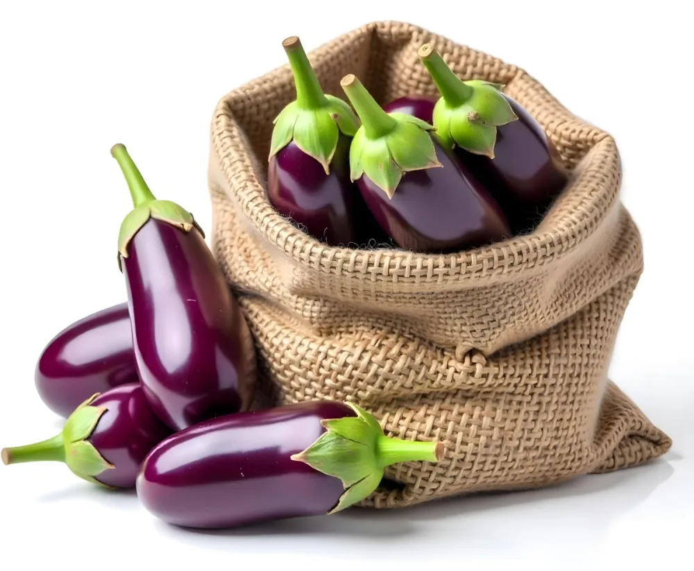 A Burlap Sack Filled With Fresh Purple Eggplants And Green Stems 9 De40