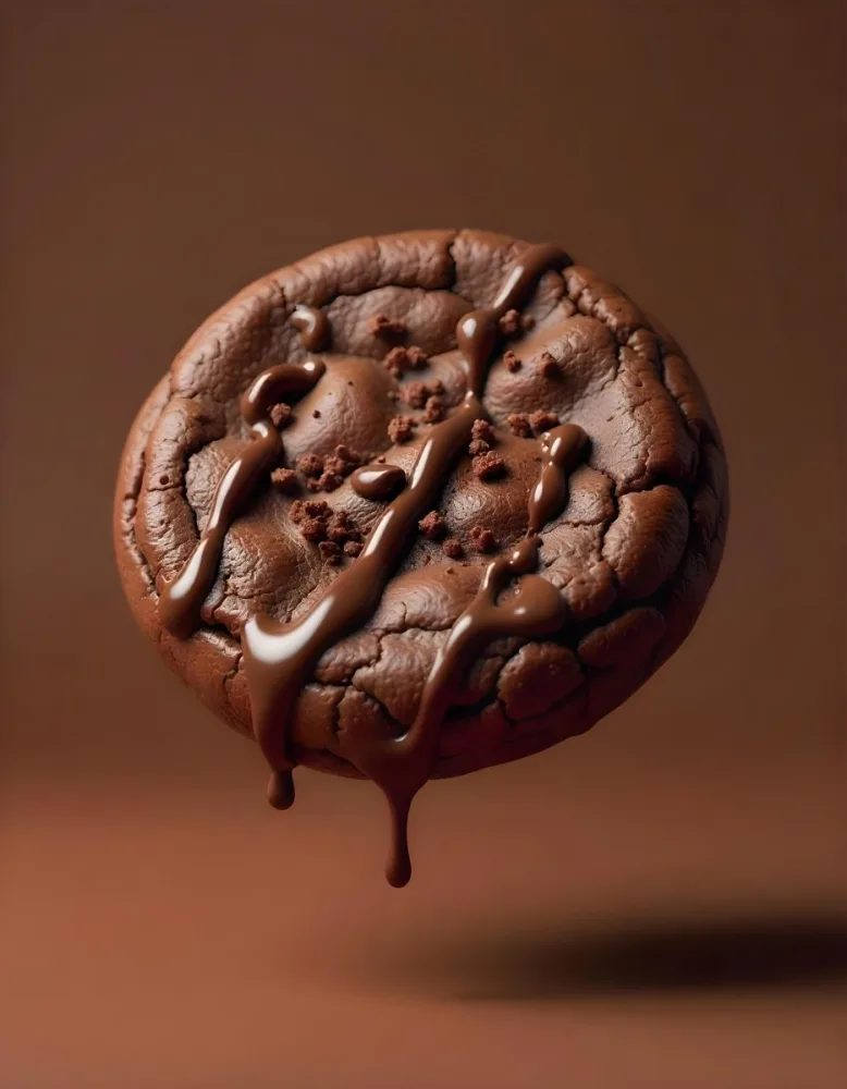 A Chocolate Cookie With Chocolate Syrup Dripping Down And Chocolate Crumbs On Top Floating In A Brown Background 5 1222