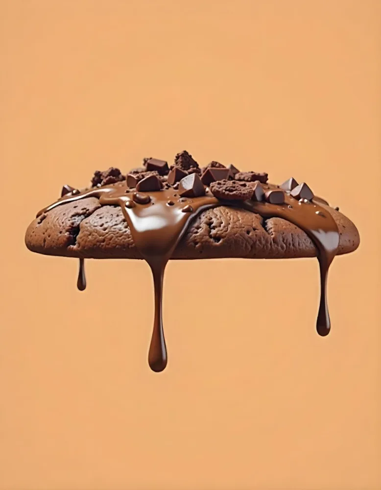 A Chocolate Cookie With Chocolate Syrup Dripping Down And Chocolate Crumbs On Top Floating In A Brown Background 6 8e57