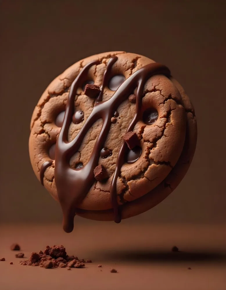A Chocolate Cookie With Chocolate Syrup Dripping Down And Chocolate Crumbs On Top Floating In A Brown Background 7 Eb3a