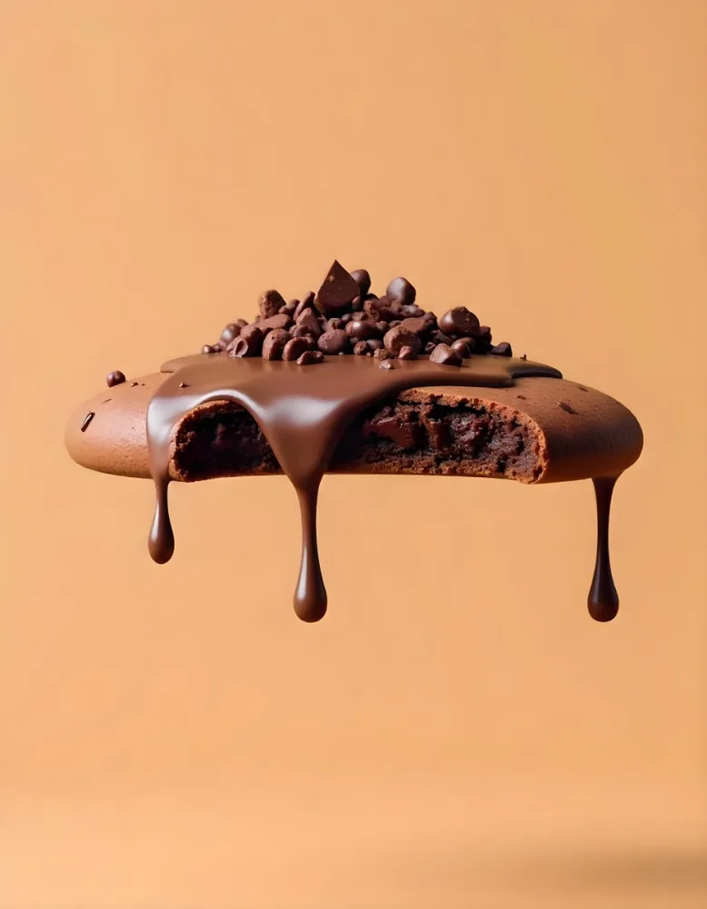 A Chocolate Cookie With Chocolate Syrup Dripping Down And Chocolate Crumbs On Top Floating In A Brown Background 8 C904