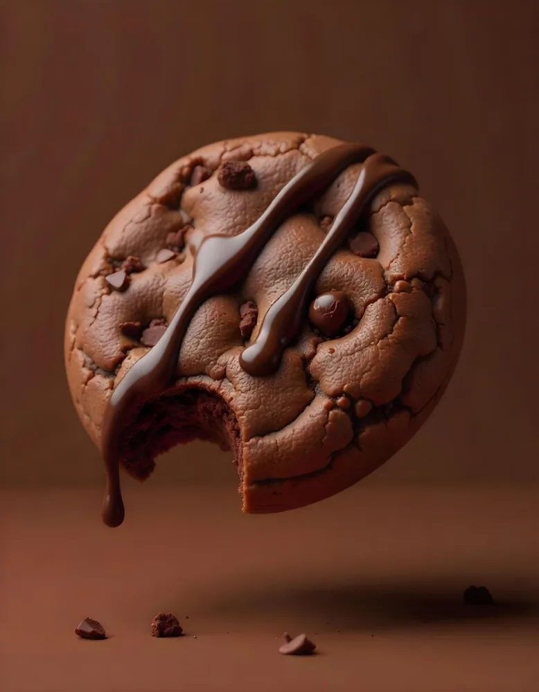 A Chocolate Cookie With Chocolate Syrup Dripping Down And Chocolate Crumbs On Top Floating In A Brown Background 9 798d
