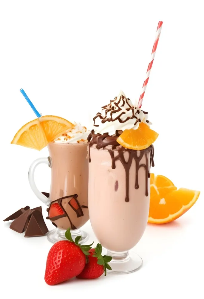 A Chocolate Milkshake With Whipped Cream Strawberry And Orange Slices Served In A Glass On A Sunny Day With A Background Of A Beach 9