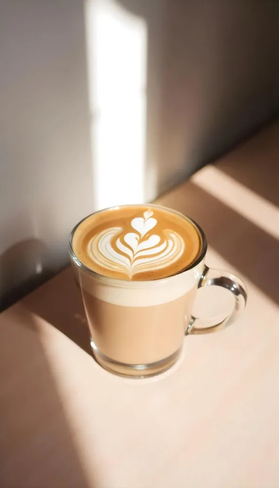 A Clear Glass Mug Filled With Latte Art Featuring A Heart Design On A Glass Table With A White Wall Background And Sunlight 50 E938