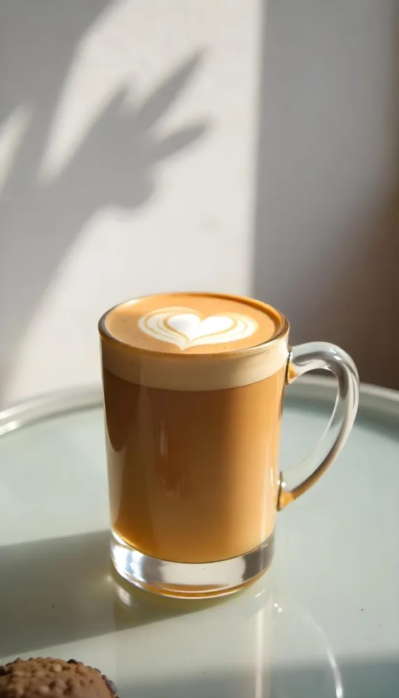 A Clear Glass Mug Filled With Latte Art Featuring A Heart Design On A Glass Table With A White Wall Background And Sunlight 6 E55b