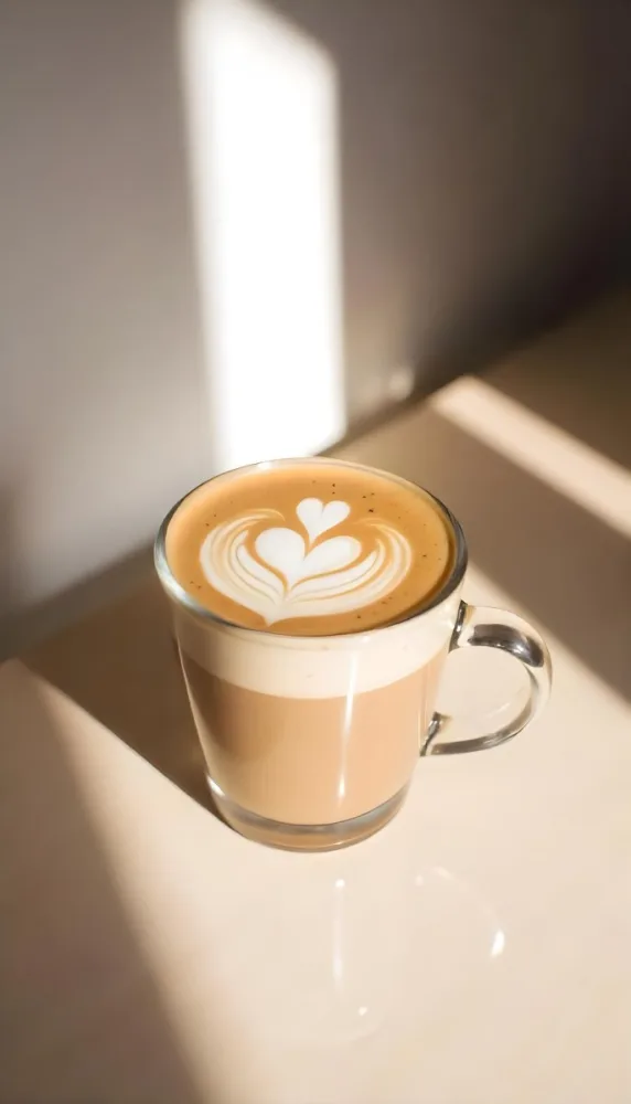 A Clear Glass Mug Filled With Latte Art Featuring A Heart Design On A Glass Table With A White Wall Background And Sunlight 7 3c61