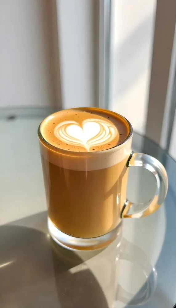 A Clear Glass Mug Filled With Latte Art Featuring A Heart Design On A Glass Table With A White Wall Background And Sunlight 8 9111