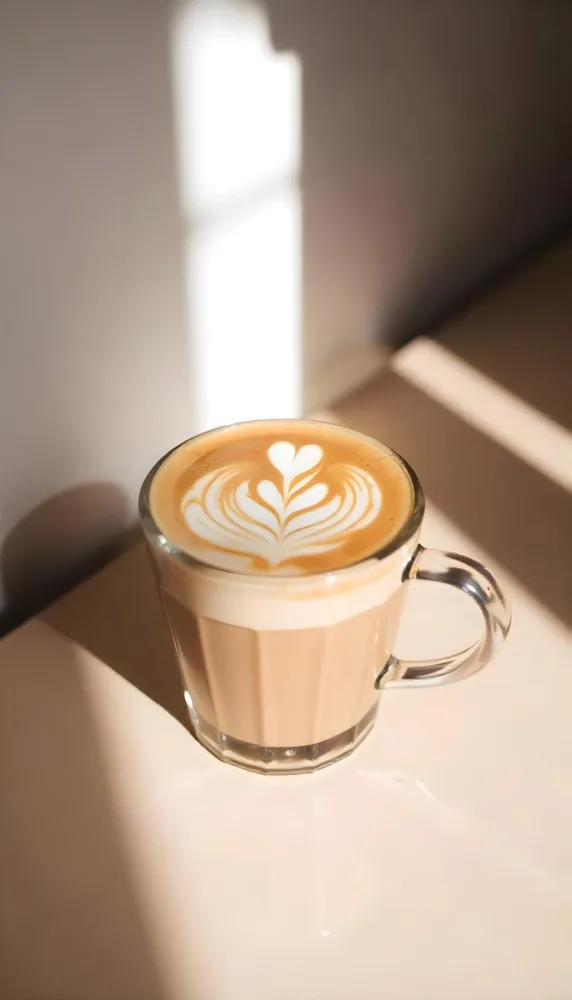 A Clear Glass Mug Filled With Latte Art Featuring A Heart Design On A Glass Table With A White Wall Background And Sunlight 9 5bb6