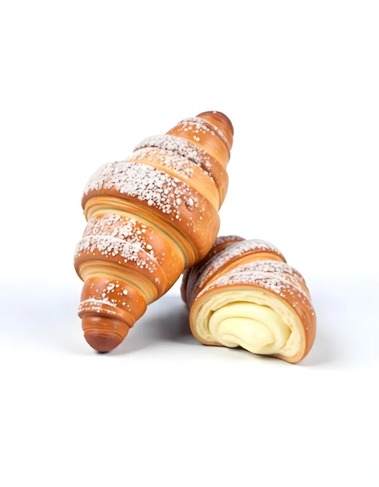 A Croissant And A Half Croissant Filled With Cream Both Covered With Sugar On A White Background 6 C7be