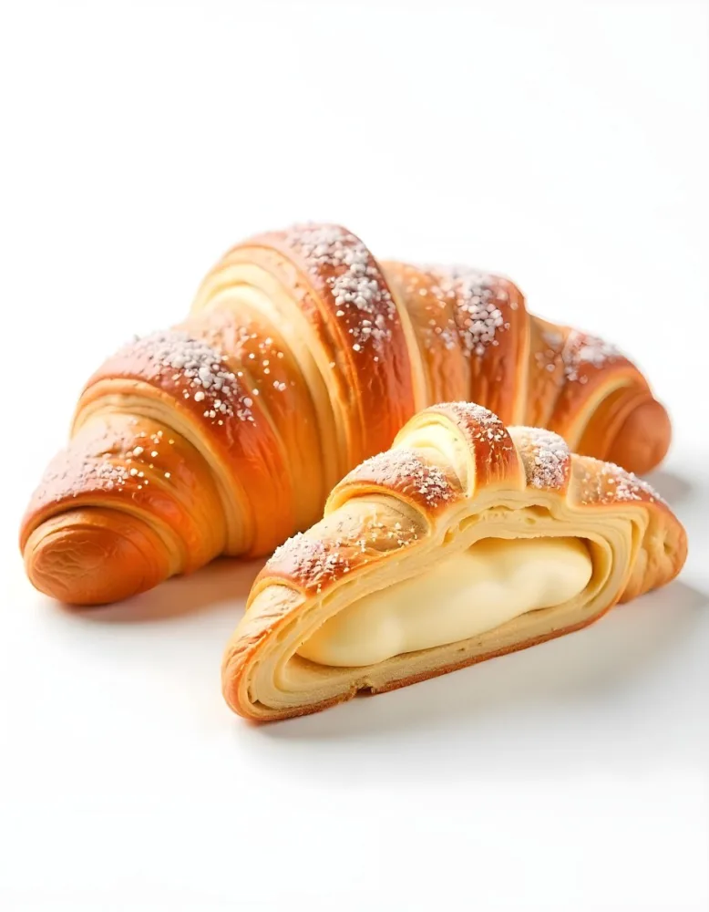 A Croissant And A Half Croissant Filled With Cream Both Covered With Sugar On A White Background 7 Eb16
