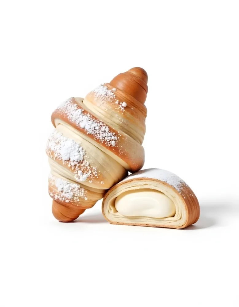 A Croissant And A Half Croissant Filled With Cream Both Covered With Sugar On A White Background 8 B116