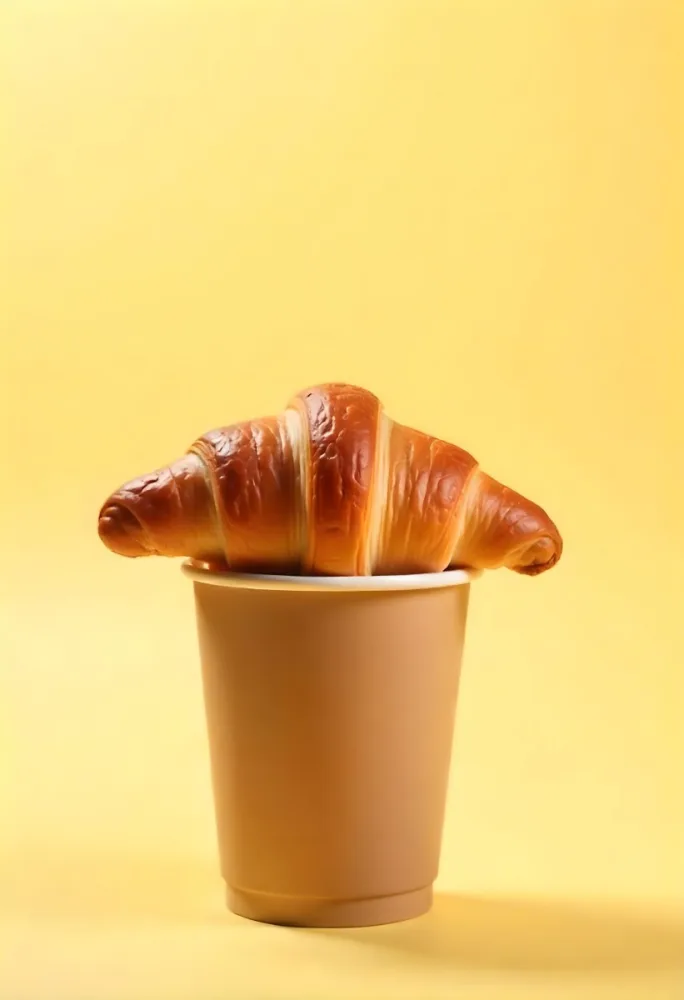 A Croissant On Top Of A Paper Cup Studio Shot Yellow Background Food Photography Product Photography Bright Lighting Minimalist Composition 14 C39f