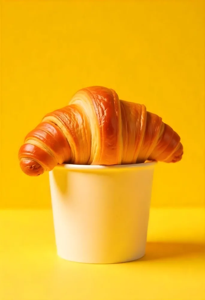 A Croissant On Top Of A Paper Cup Studio Shot Yellow Background Food Photography Product Photography Bright Lighting Minimalist Composition 17 27fb