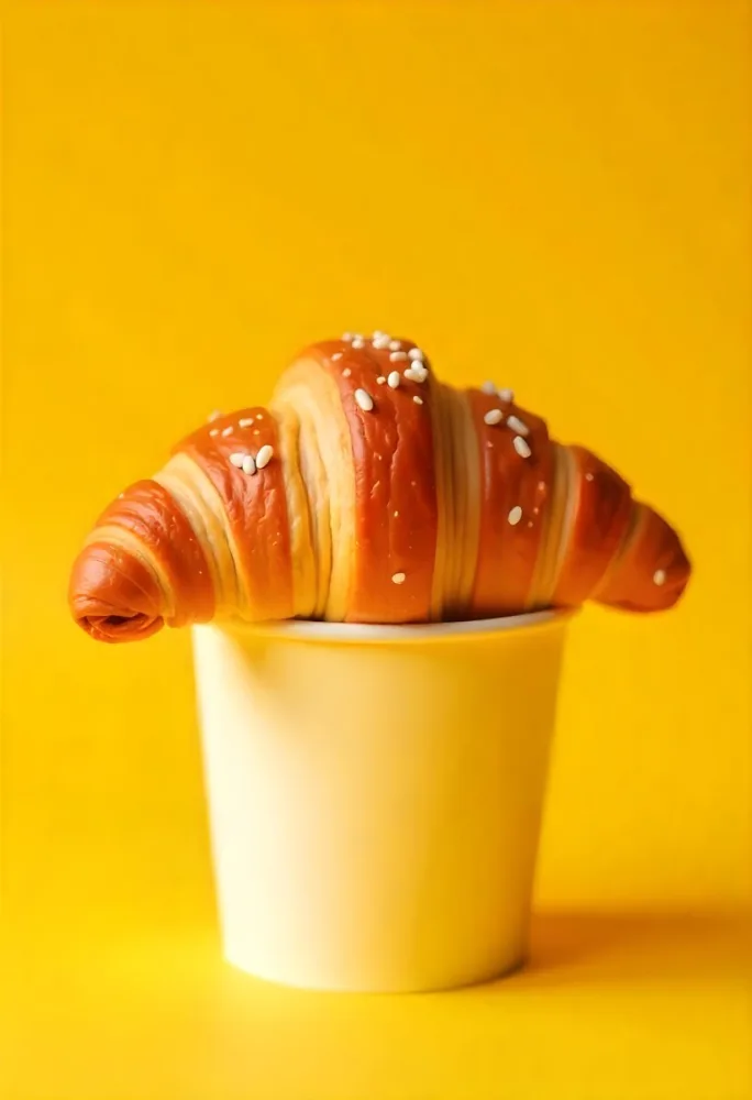 A Croissant On Top Of A Paper Cup Studio Shot Yellow Background Food Photography Product Photography Bright Lighting Minimalist Composition 24 Ae76