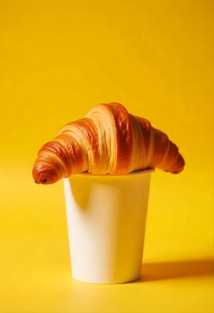 A Croissant On Top Of A Paper Cup Studio Shot Yellow Background Food Photography Product Photography Bright Lighting Minimalist Composition 3 1046
