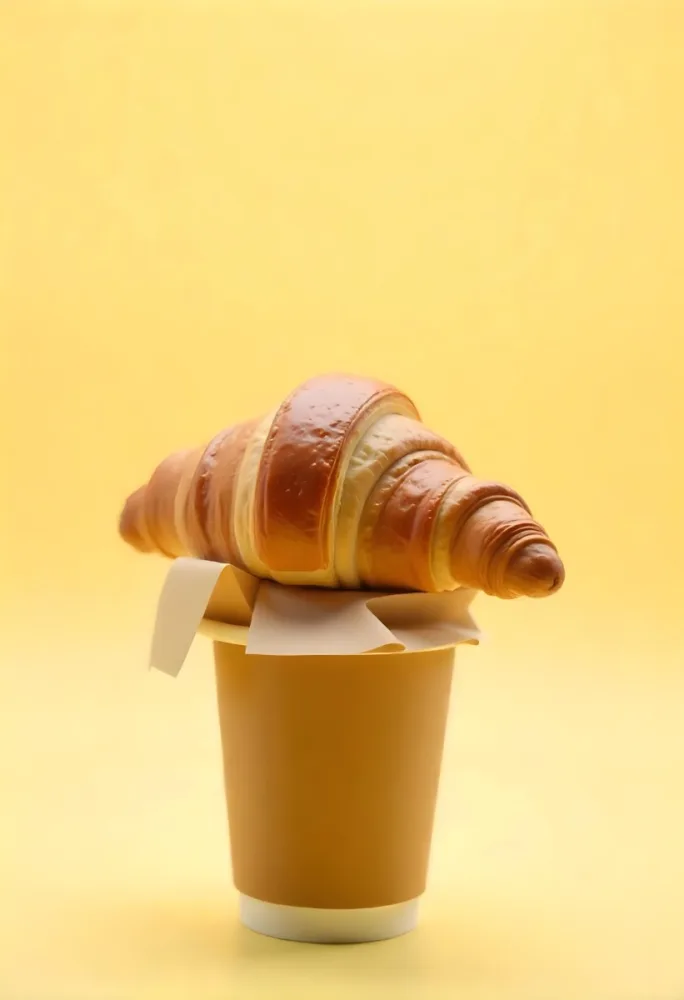 A Croissant On Top Of A Paper Cup Studio Shot Yellow Background Food Photography Product Photography Bright Lighting Minimalist Composition 31 1518
