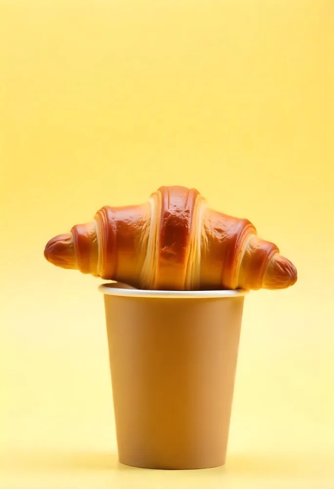 A Croissant On Top Of A Paper Cup Studio Shot Yellow Background Food Photography Product Photography Bright Lighting Minimalist Composition 33 37ab