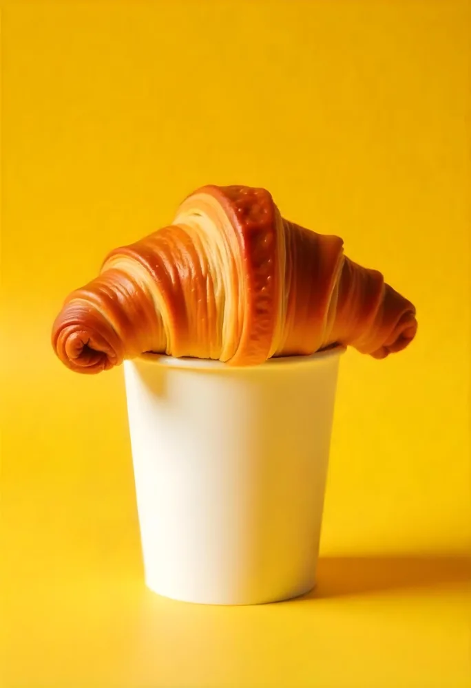 A Croissant On Top Of A Paper Cup Studio Shot Yellow Background Food Photography Product Photography Bright Lighting Minimalist Composition 34 5517