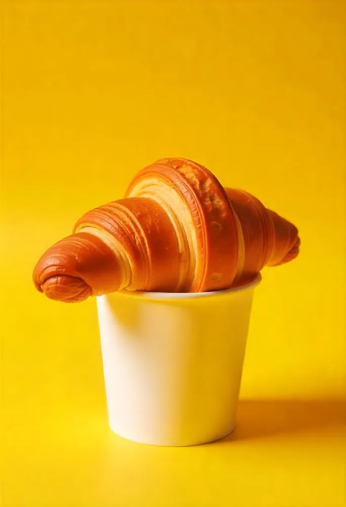 A Croissant On Top Of A Paper Cup Studio Shot Yellow Background Food Photography Product Photography Bright Lighting Minimalist Composition 36 8df1