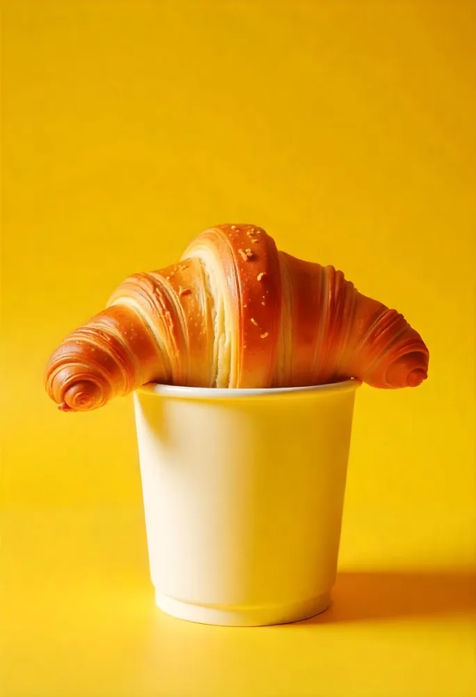 A Croissant On Top Of A Paper Cup Studio Shot Yellow Background Food Photography Product Photography Bright Lighting Minimalist Composition 5 6c4a