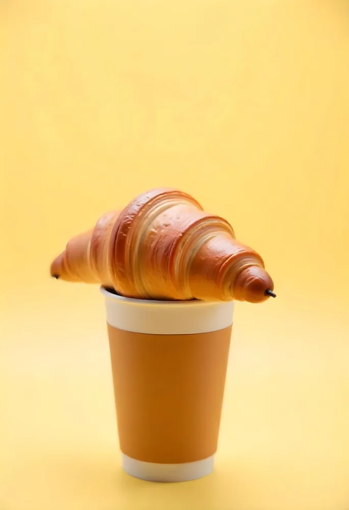 A Croissant On Top Of A Paper Cup Studio Shot Yellow Background Food Photography Product Photography Bright Lighting Minimalist Composition 6 D657