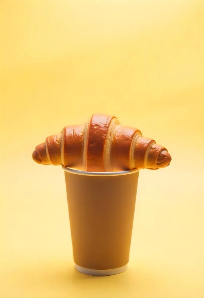 A Croissant On Top Of A Paper Cup Studio Shot Yellow Background Food Photography Product Photography Bright Lighting Minimalist Composition 7 50c5