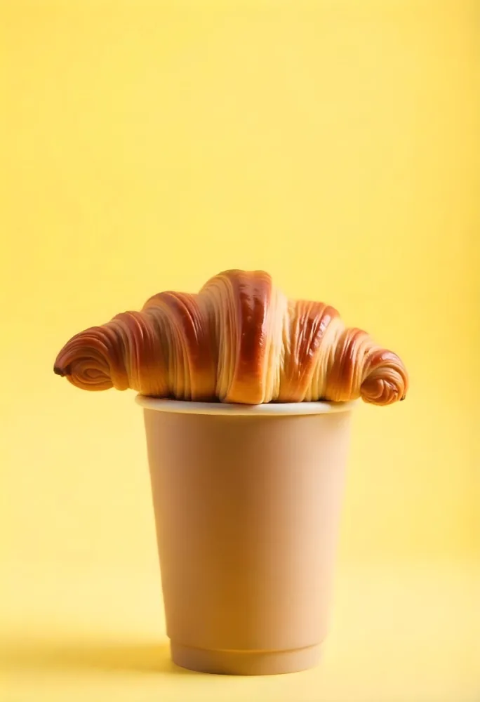 A Croissant On Top Of A Paper Cup Studio Shot Yellow Background Food Photography Product Photography Bright Lighting Minimalist Composition 8 8a0d