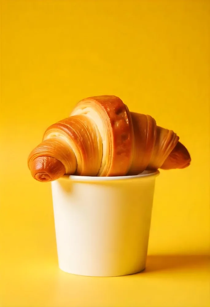 A Croissant On Top Of A Paper Cup Studio Shot Yellow Background Food Photography Product Photography Bright Lighting Minimalist Composition 9 134b