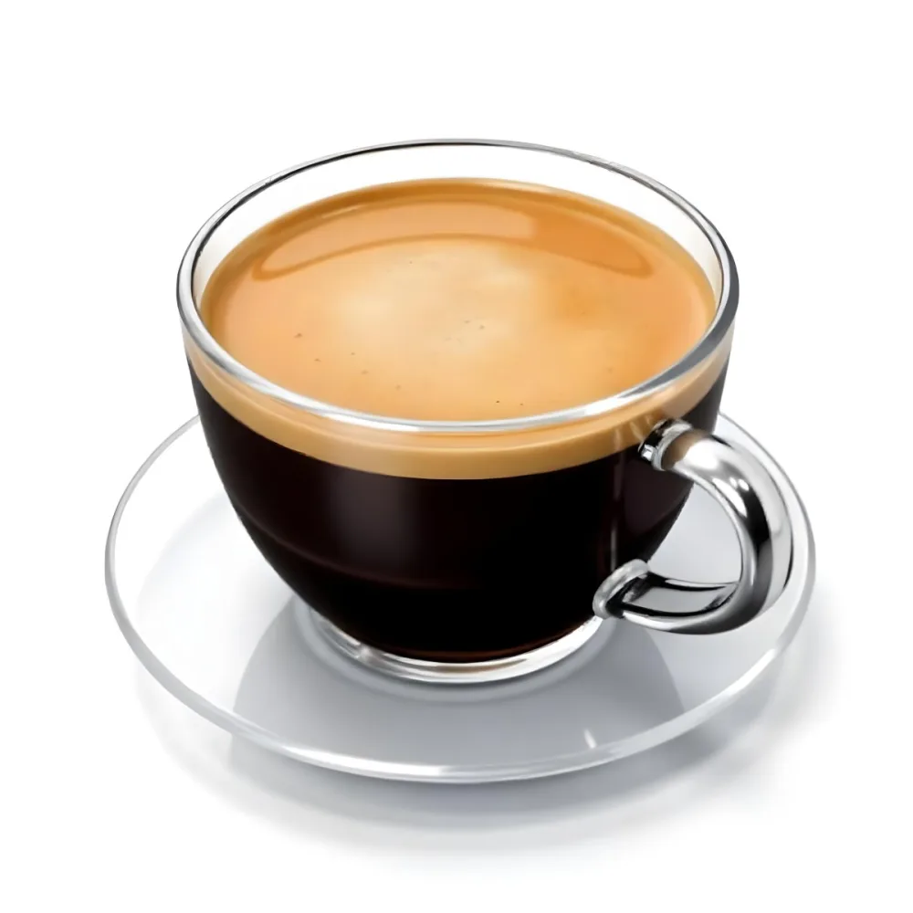 A Cup Of Black Coffee With Foam On A Transparent Saucer The Background Is Plain White 1 D746