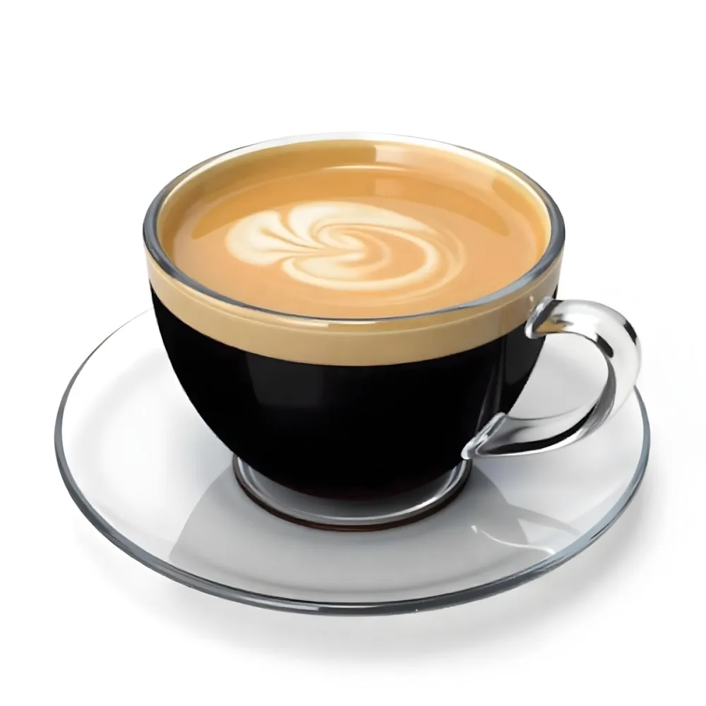 A Cup Of Black Coffee With Foam On A Transparent Saucer The Background Is Plain White 16 6a7f