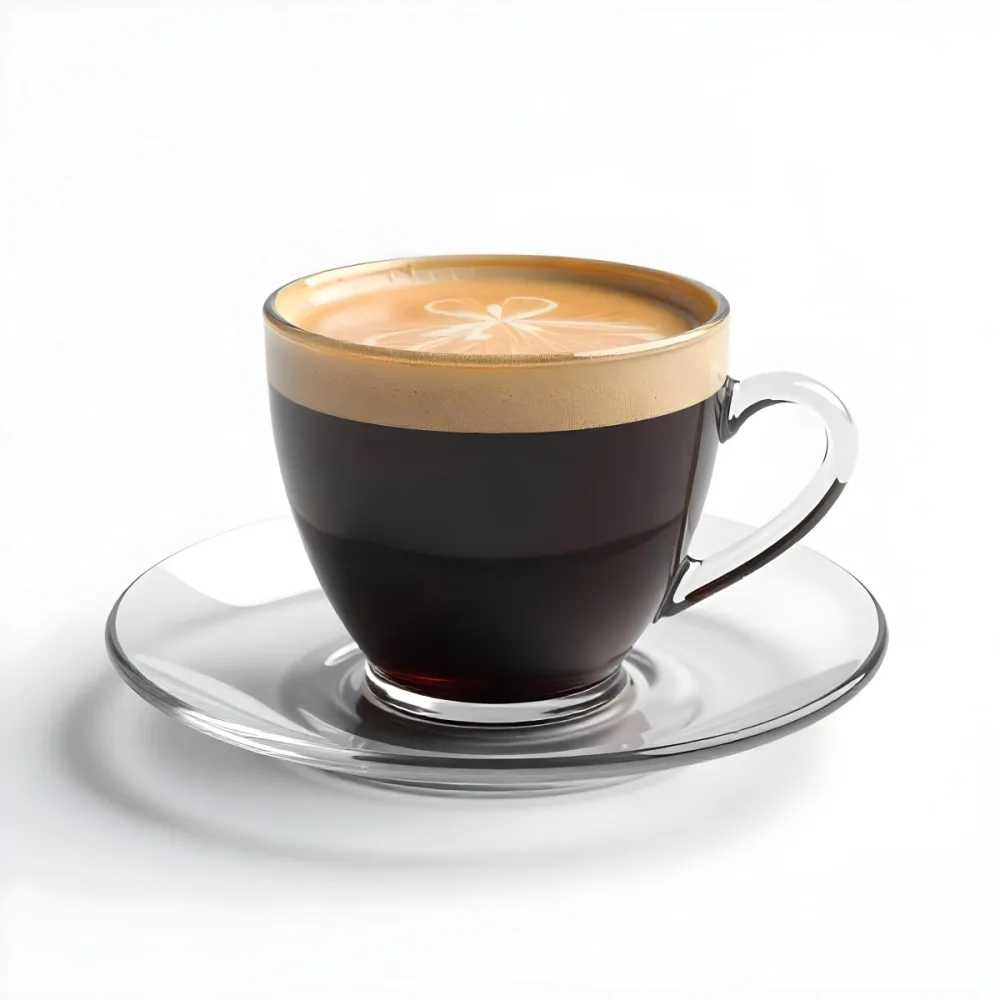 A Cup Of Black Coffee With Foam On A Transparent Saucer The Background Is Plain White 24 94b3