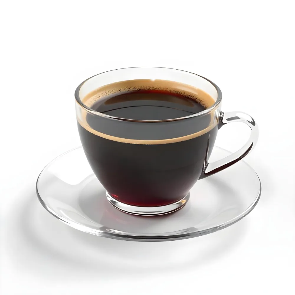 A Cup Of Black Coffee With Foam On A Transparent Saucer The Background Is Plain White 39 Fa42