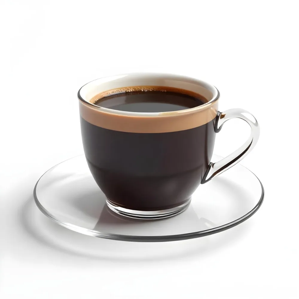 A Cup Of Black Coffee With Foam On A Transparent Saucer The Background Is Plain White 4 385a