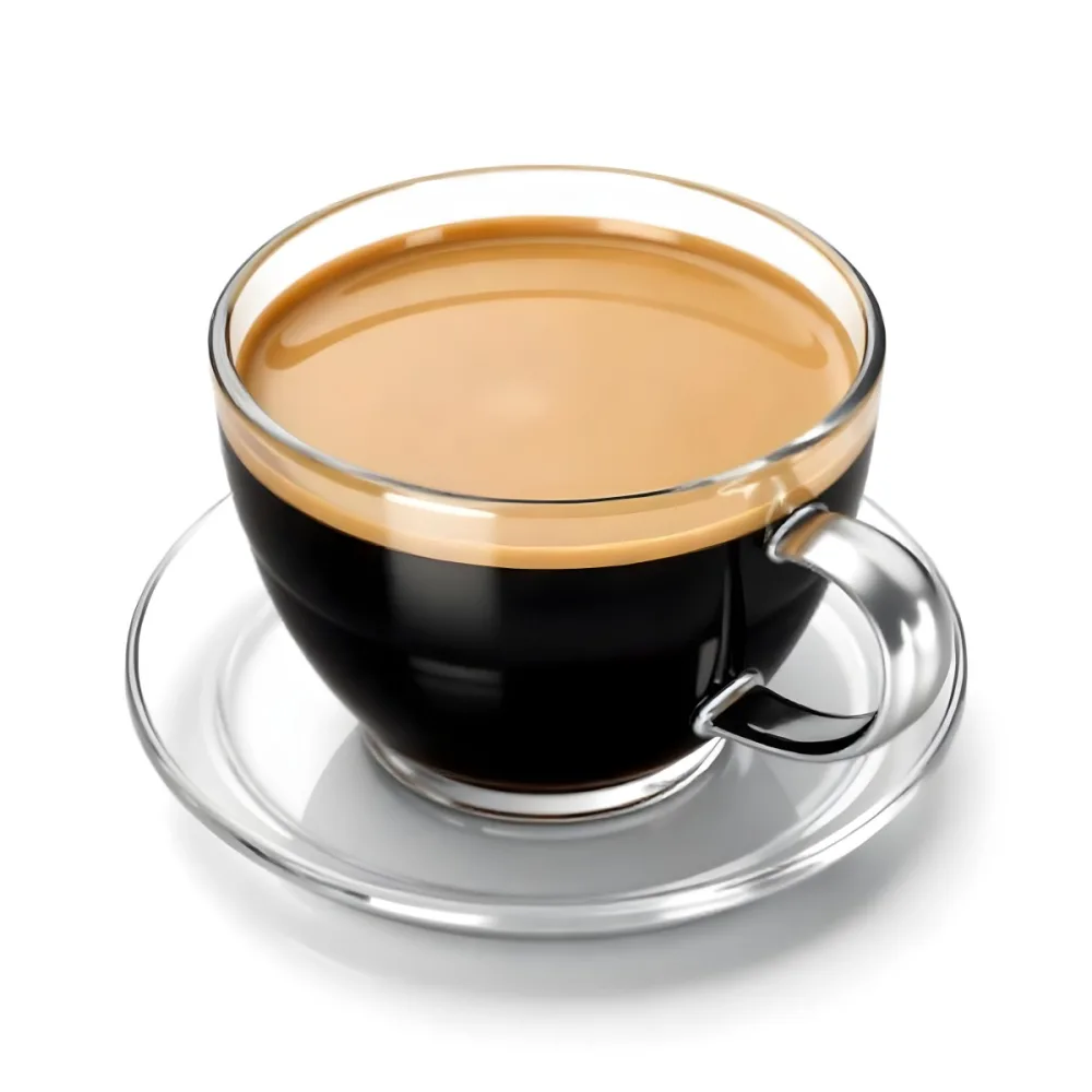 A Cup Of Black Coffee With Foam On A Transparent Saucer The Background Is Plain White 42 B537