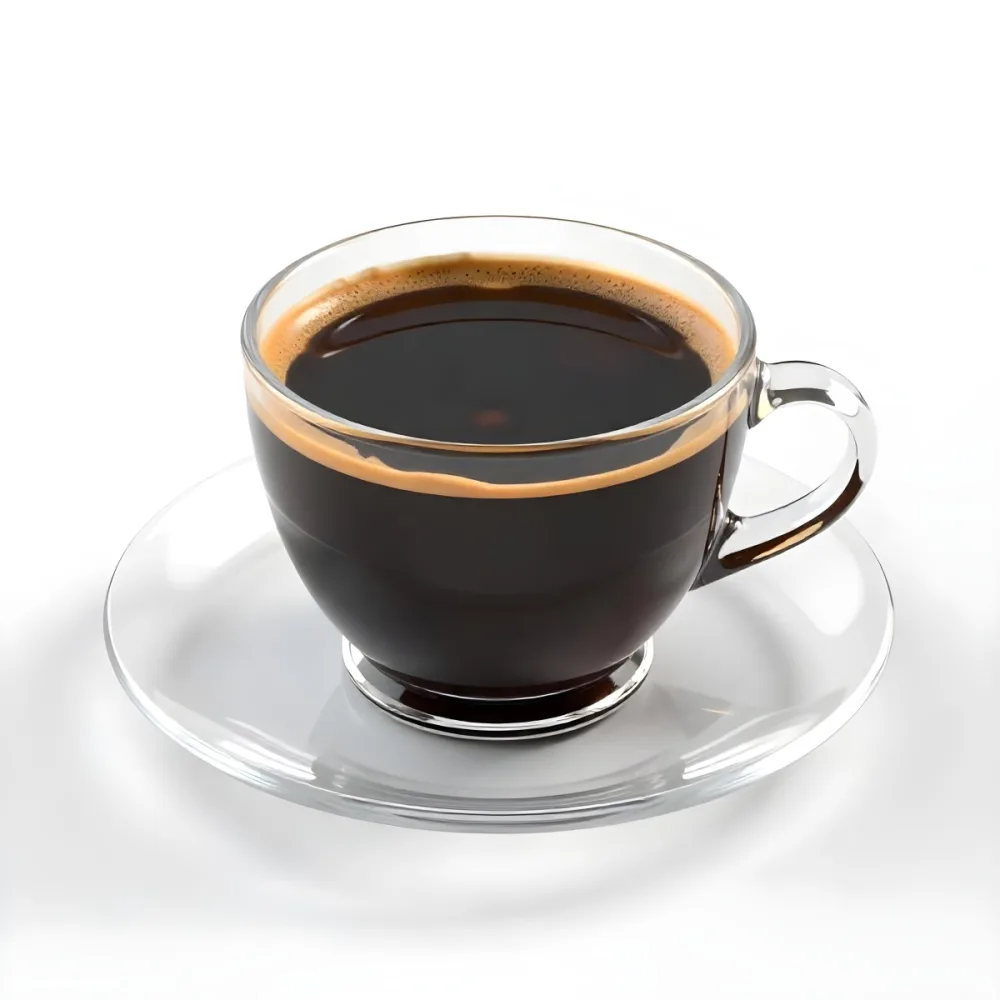 A Cup Of Black Coffee With Foam On A Transparent Saucer The Background Is Plain White 43 74ff