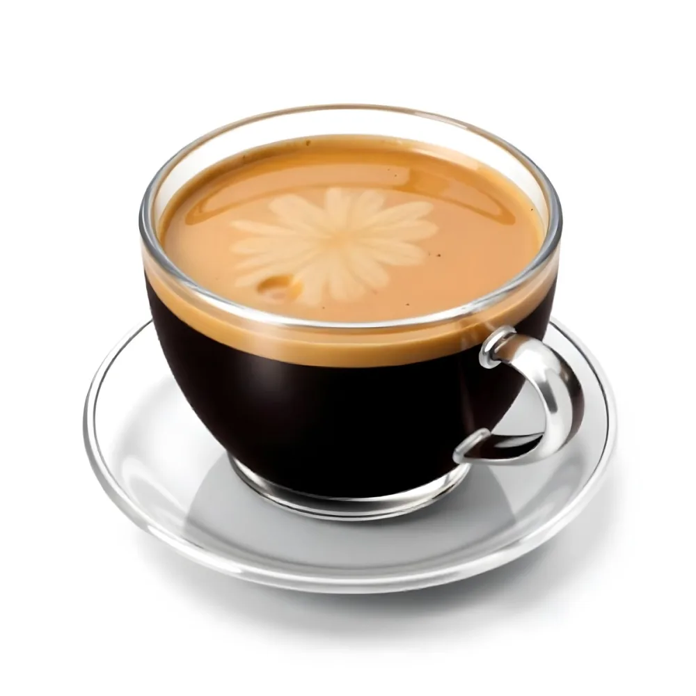A Cup Of Black Coffee With Foam On A Transparent Saucer The Background Is Plain White 44 776c