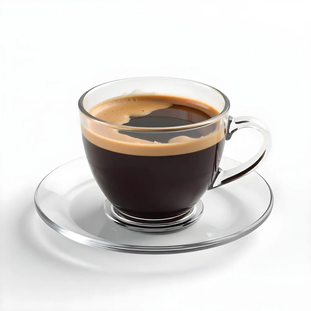 A Cup Of Black Coffee With Foam On A Transparent Saucer The Background Is Plain White 6 60d8