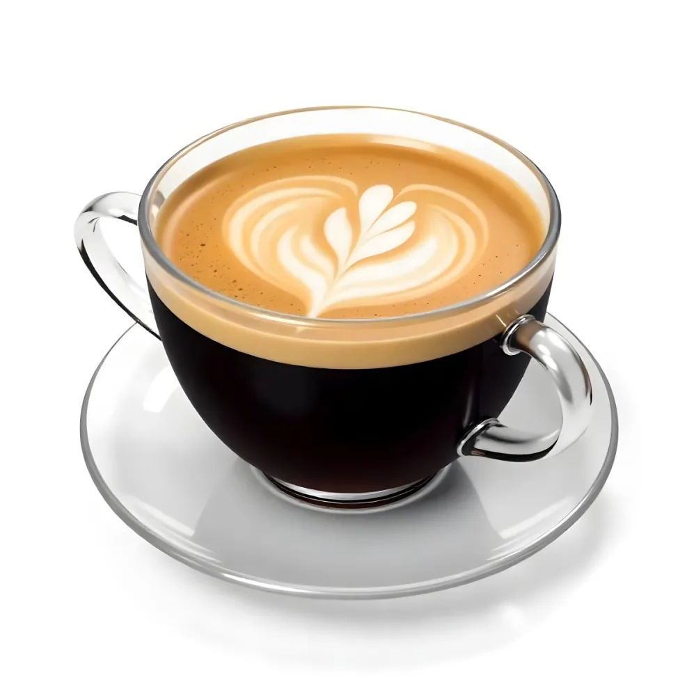 A Cup Of Black Coffee With Foam On A Transparent Saucer The Background Is Plain White 7 5928