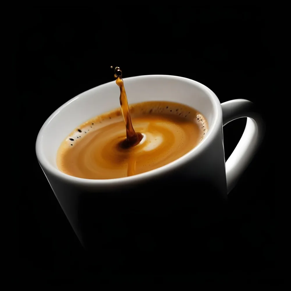 A Cup Of Coffee With A Splash White Liquid White Ceramic Mug Simple Composition Minimalist Style Dark Background Studio Shot High Contrast 25 E405