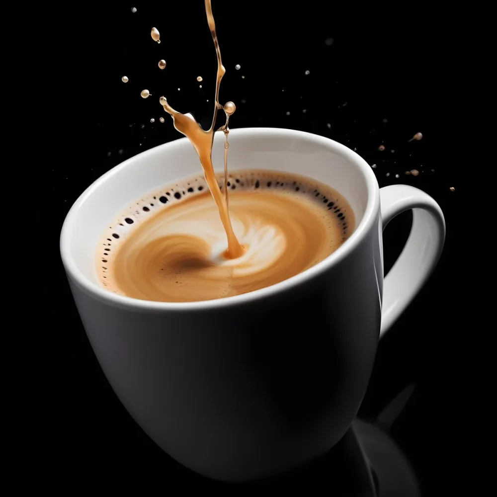 A Cup Of Coffee With A Splash White Liquid White Ceramic Mug Simple Composition Minimalist Style Dark Background Studio Shot High Contrast 6 1227