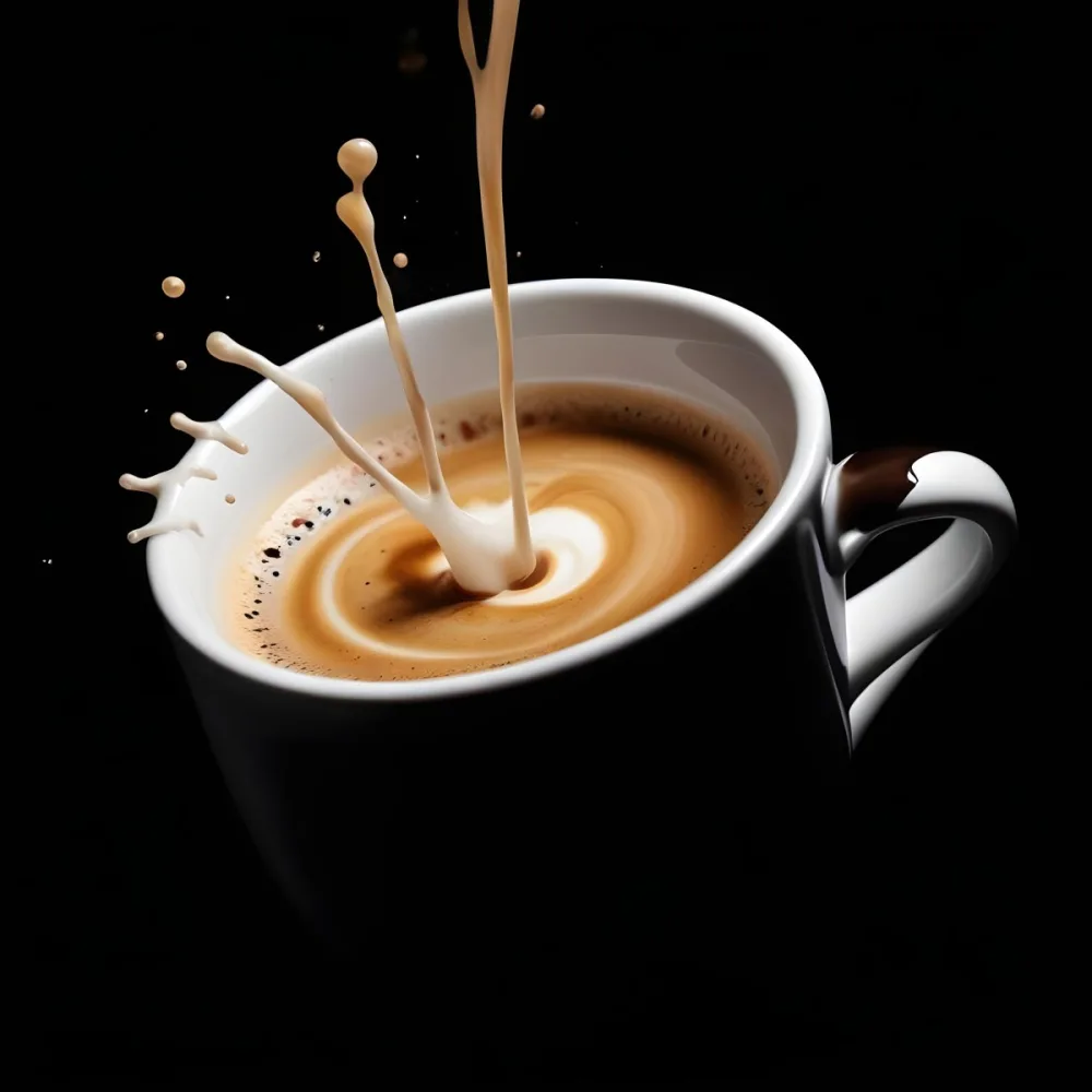 A Cup Of Coffee With A Splash White Liquid White Ceramic Mug Simple Composition Minimalist Style Dark Background Studio Shot High Contrast 7 69ba
