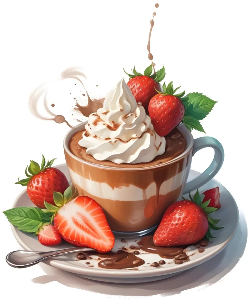 A Cup Of Hot Chocolate Topped With Whipped Cream And Fresh Strawberries Surrounded By More Strawberries And Mint Leaves 3 97f1