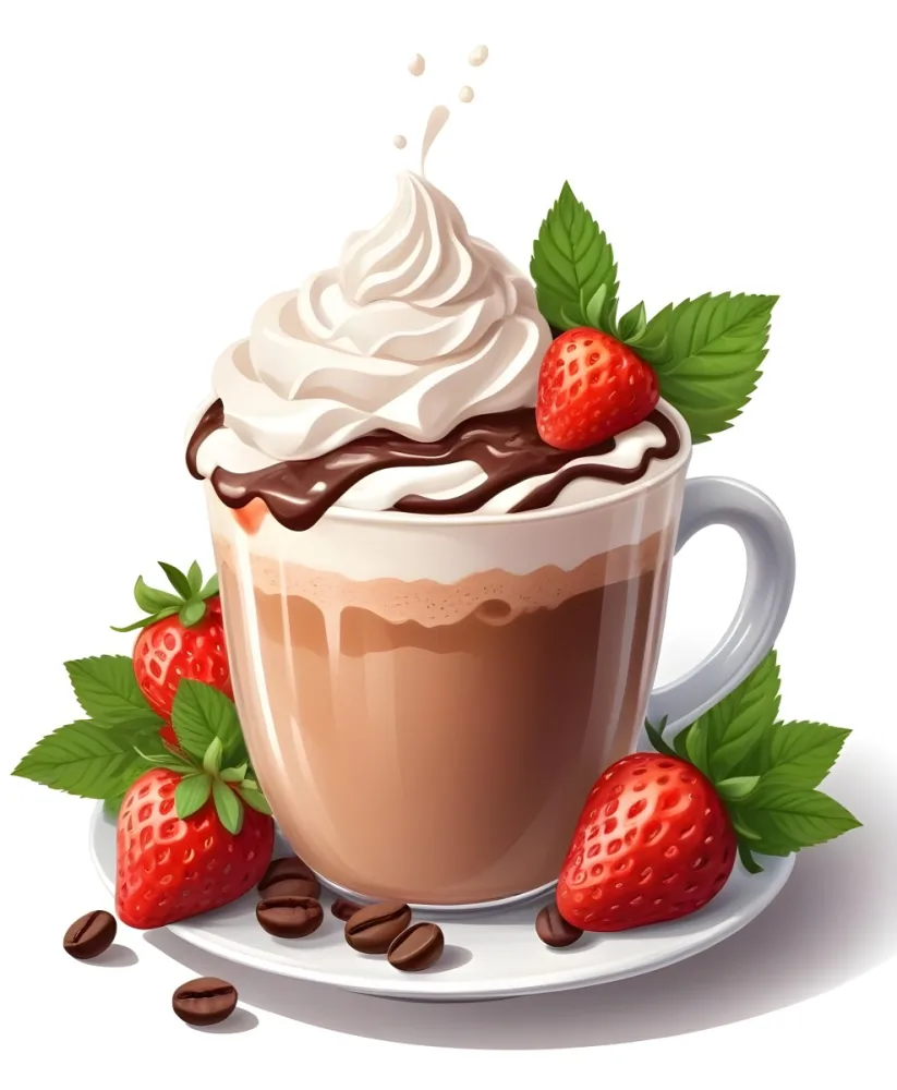 A Cup Of Hot Chocolate Topped With Whipped Cream And Fresh Strawberries Surrounded By More Strawberries And Mint Leaves 53 C298