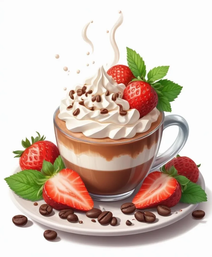 A Cup Of Hot Chocolate Topped With Whipped Cream And Fresh Strawberries Surrounded By More Strawberries And Mint Leaves 56 5e3f