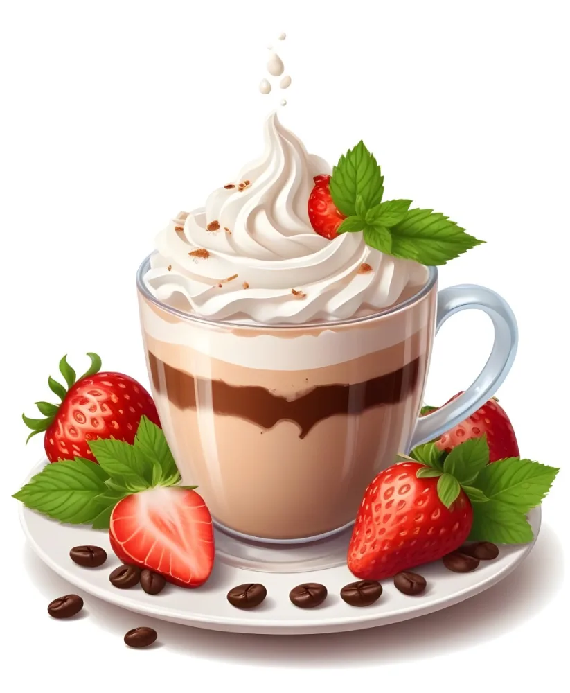 A Cup Of Hot Chocolate Topped With Whipped Cream And Fresh Strawberries Surrounded By More Strawberries And Mint Leaves 80 9a2a